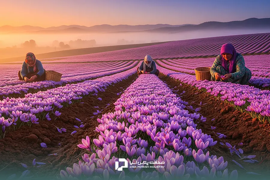 کشاورزان در حال برداشت گل‌های زعفران در یک مزرعه وسیع هنگام غروب