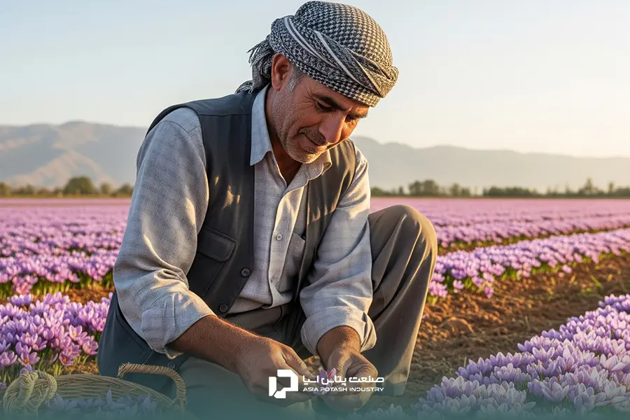 کشاورز در حال بررسی و برداشت دقیق گل‌های زعفران برای تضمین کیفیت محصول