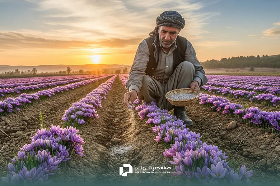 کشاورز در حال کود دهی زعفران در زمان طلوع آفتاب